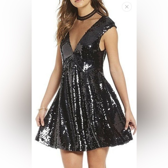 Free People black sequin mini fit and flare dress size sm/med - Picture 1 of 16